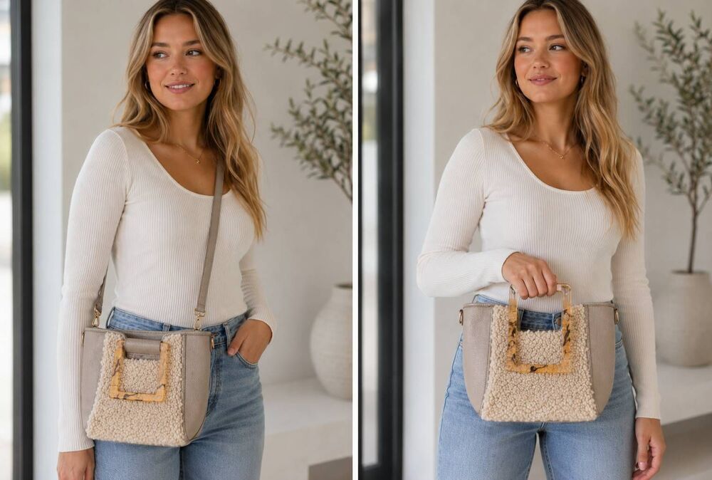 Cream Sherpa Faux Leather Crossbody Bag with Tortoise Buckle Adjustable Strap